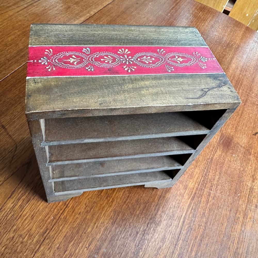 Vintage Wooden Desk Organizer Floral Motif India Boho Rustic Cottagecore Sturdy